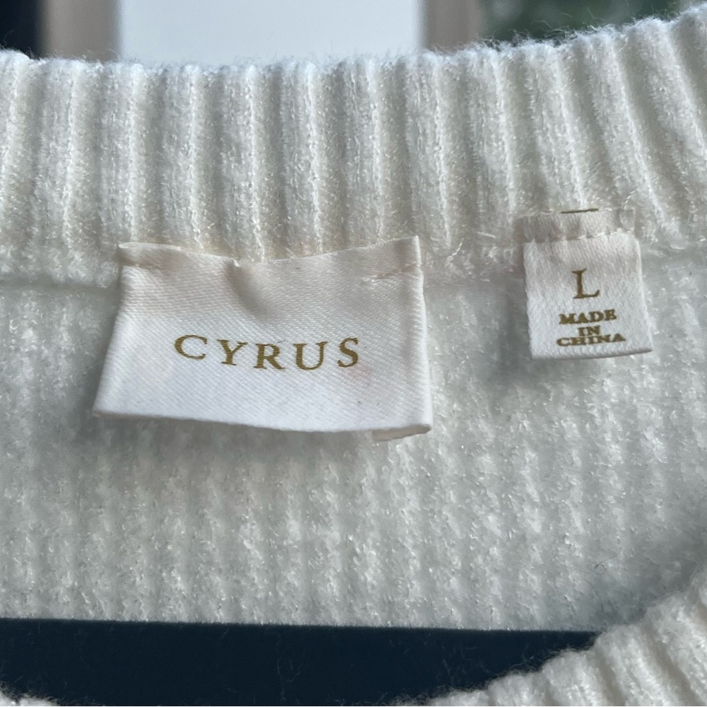 🆕 ✨ CYRUS Ivory Textured Waffle Knit Crewneck Sweater Size L Soft Cozy Classic - Picture 13 of 15